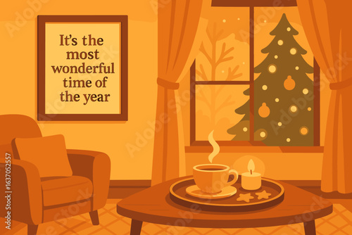 Cozy winter evening with a warm drink and festive decorations in a living room