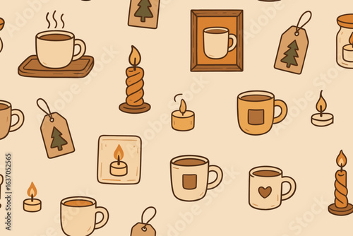 Cozy winter-themed pattern featuring warm beverages, candles, and holiday decor elements