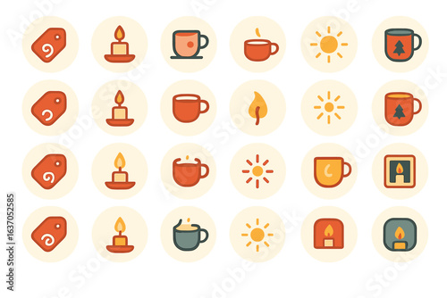 Colorful icons representing seasonal themes with candles, mugs, and nature elements on a light background