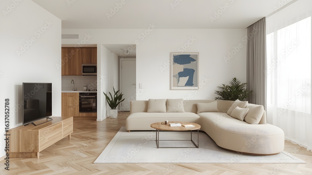 Fototapeta premium Modern bright living room interior with beige sofa, wooden coffee table, flat-screen TV, and open kitchen design, decorated with minimalist furniture and natural light ambiance