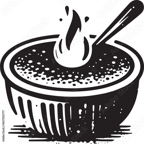 Minimalist Sumi-e Creme Brulee Dessert Icon with Spoon and Subtl