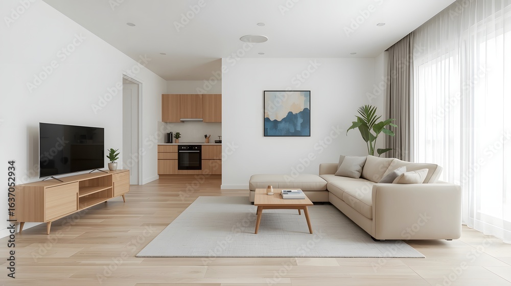 Fototapeta premium Modern bright living room interior with beige sofa, wooden coffee table, flat-screen TV, and open kitchen design, decorated with minimalist furniture and natural light ambiance