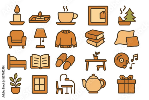 Cozy autumn themed illustrations featuring home decor and leisure activities in warm colors