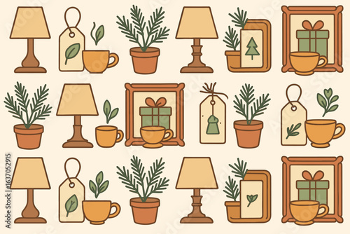 Decorative home elements featuring plants, lamps, and cozy items arranged in a visually appealing pattern
