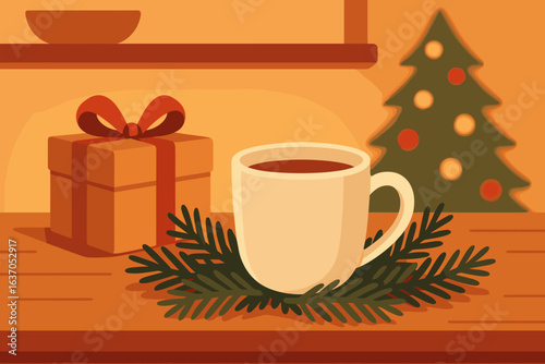 Warm cup of coffee placed on a wooden table beside a holiday gift and a decorated Christmas tree in a cozy setting