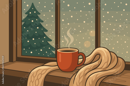 Cozy winter morning with coffee mug on window sill overlooking snowy landscape and evergreen tree