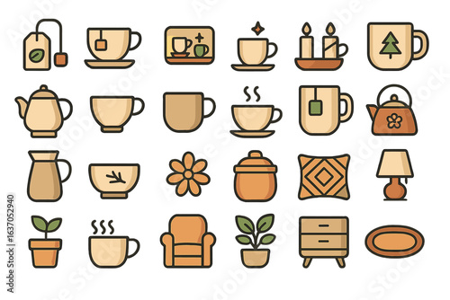 Cozy cafe elements featuring cups, teapots, candles, and decor for a warm atmosphere