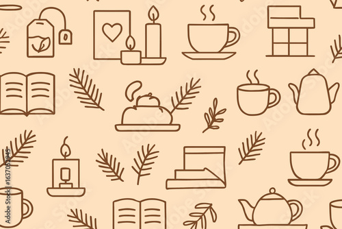 Cozy warm design featuring tea, candles, and books creating a comforting atmosphere for relaxation and enjoyment