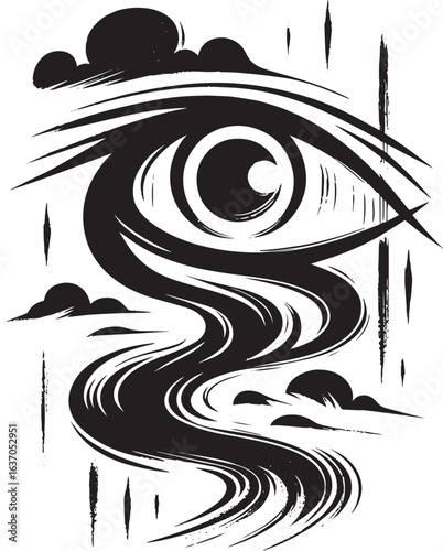 Monochromatic sumi-e style eye with flowing brushstrokes in mini