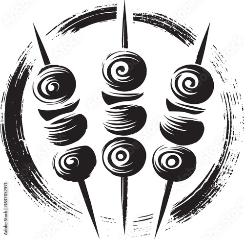 Sumi-e Illustration of Antipasto Skewers: Minimalist Japanese Br