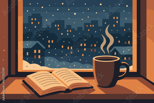 Cozy evening with coffee and an open book framed by a snowy cityscape at night