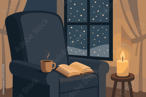 Cozy winter evening in a warm living room with a book and a cup by the window