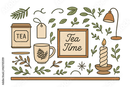 Decorative tea time arrangement with candle and natural elements for a cozy atmosphere