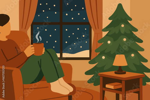 Cozy winter evening at home with a warm drink by the decorated Christmas tree
