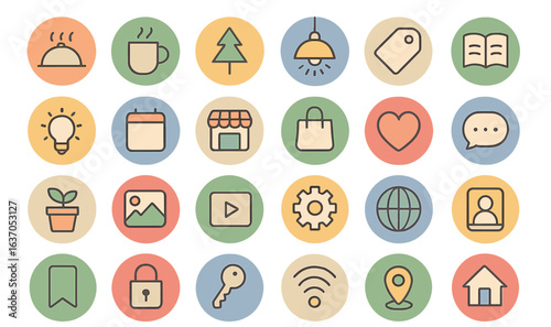 Variety of simple icons representing different activities and concepts in a colorful circular design