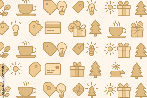 Stylish pattern of coffee cups, gifts, and light bulbs in a warm, festive design perfect for holidays and celebrations
