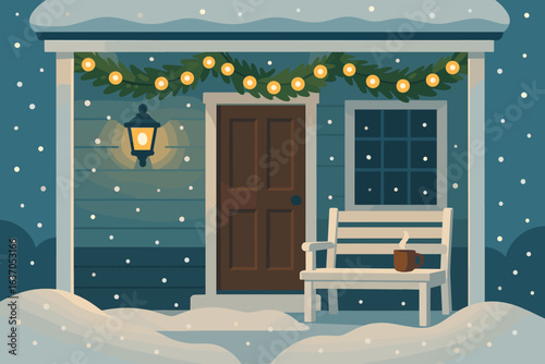 Cozy winter front porch with holiday lights and snow at night creating a welcoming atmosphere for the festive season