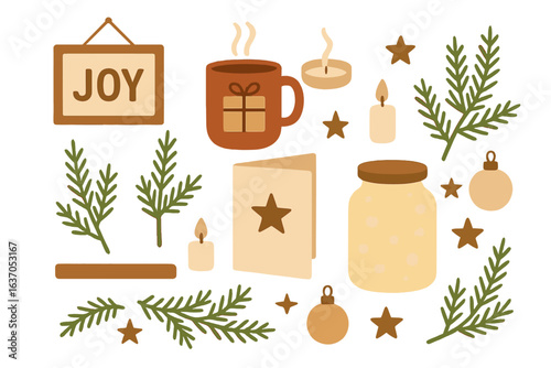 Cozy winter decorations featuring joy, warm drinks, and festive elements for a cheerful holiday atmosphere