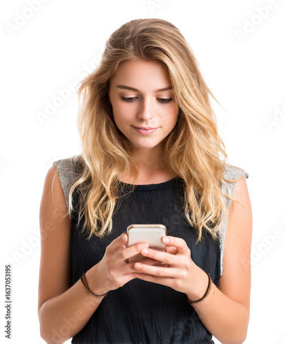 Young Woman Using Smartphone While Standing and Smiling on solid white background and transparent png. Ai gen.
