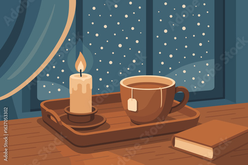 Cozy indoor scene with a warm cup of tea, candle, and book against a snowy window backdrop