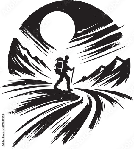 Minimalist sumi-e icon depicting a lone trekker against a mounta