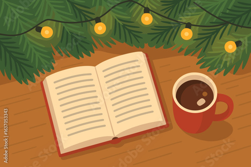 Warm festive illustration of open book and coffee mug under pine branches and Christmas lights on wooden surface