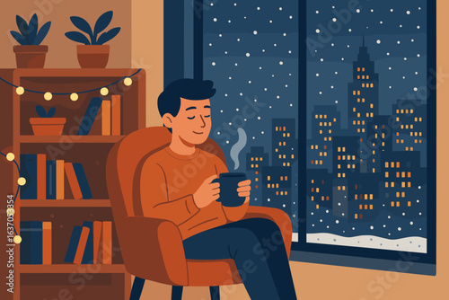 Man relaxing with hot drink in cozy armchair by snowy city window, string-light bookshelf and plants – warm winter night hygge vector illustration