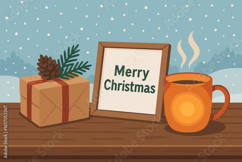 Festive holiday arrangement with a gift, warm drink, and a cheerful sign in a snowy setting