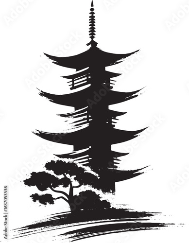 Minimalist sumi-e style tower illustration, simplistic pagoda lo
