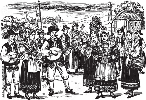 Serene monochrome depiction of a traditional folk festival with