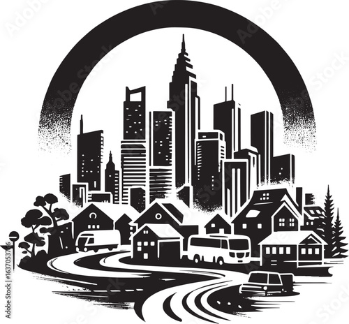Stylized minimalist urban landscape with a blend of city and sub
