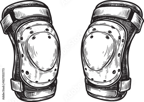Monochrome illustration featuring a pair of elbow pads, rendered