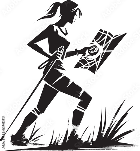 Sumi-e illustration of a woman orienteering with a compass and m