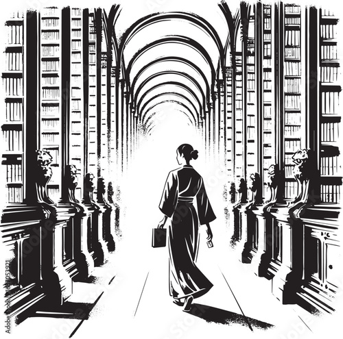 Woman navigating the expansive, monochrome corridors of a histor