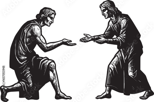 Forgiveness and reconciliation, a poignant woodcut drawing of ac