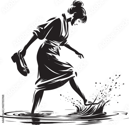Serene passage: A woman wading through water in minimalist brush
