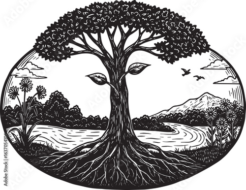 Monochrome woodcut style illustration of thriving tree in natura