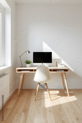 Minimalist home office interior with wooden desk, modern computer, white chair, and natural sunlight creating bright and clean workspace design for productivity and creativity