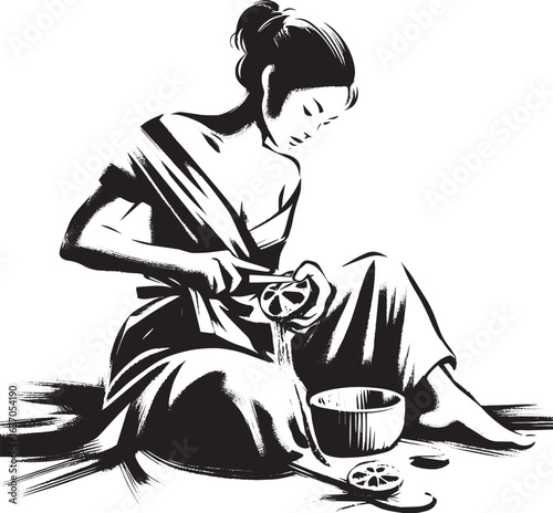 Serene woman peeling an orange with minimalist sumi-e brush stro