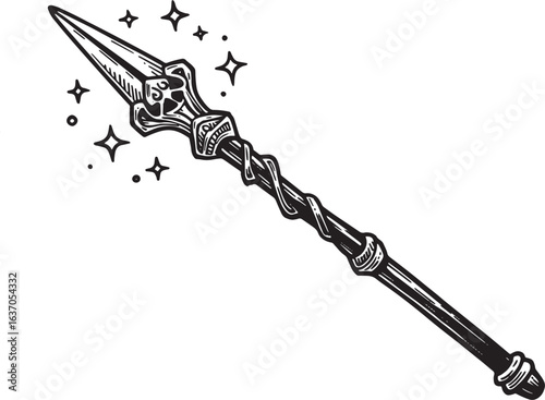 Whimsical Woodcut: An Isolated Magic Wand Illustration with Spar