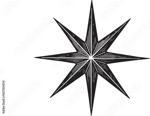 Detailed monochrome star design, evocative of classic woodcut pr