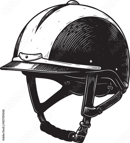 Detailed woodcut illustration of a jockey helmet in classic blac