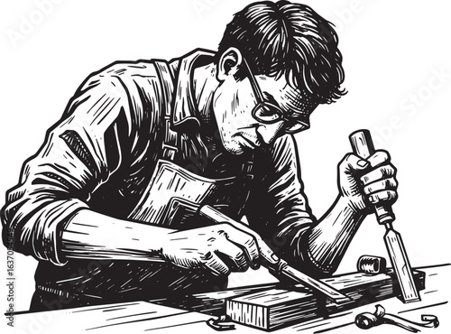 Craftsman Working with Woodcut Tools in Detailed Black and White