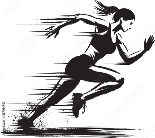 Dynamic monochrome illustration of a woman athlete sprinting wit
