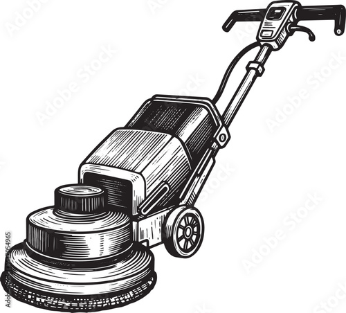 Intricate woodcut rendering showcases a floor cleaning machine i