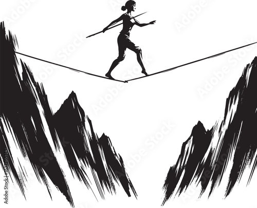 Sumi-e woman balancing on a tightrope between stark mountains, a