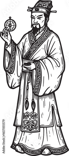 Elegant Woodcut: Traditional East Asian Scholar Holding a Compas