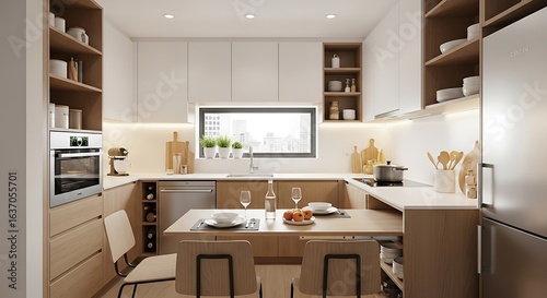 Pull-out dining table in studio apartment kitchen
