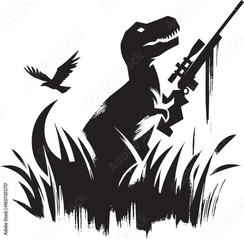 Minimalist Sumi-e Style T-Rex Hunter Icon with Brush Stroke and