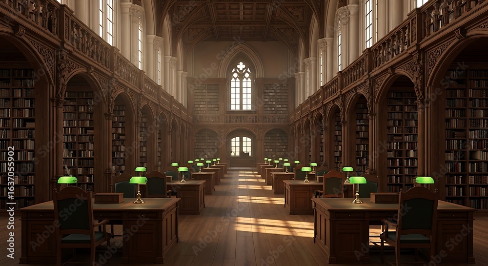 Fototapeta premium Library interior with tall shelves and reading tables